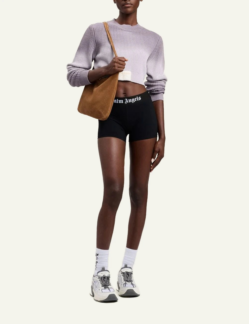 Palm Angels shorts black high rise elastic logo band front full body view