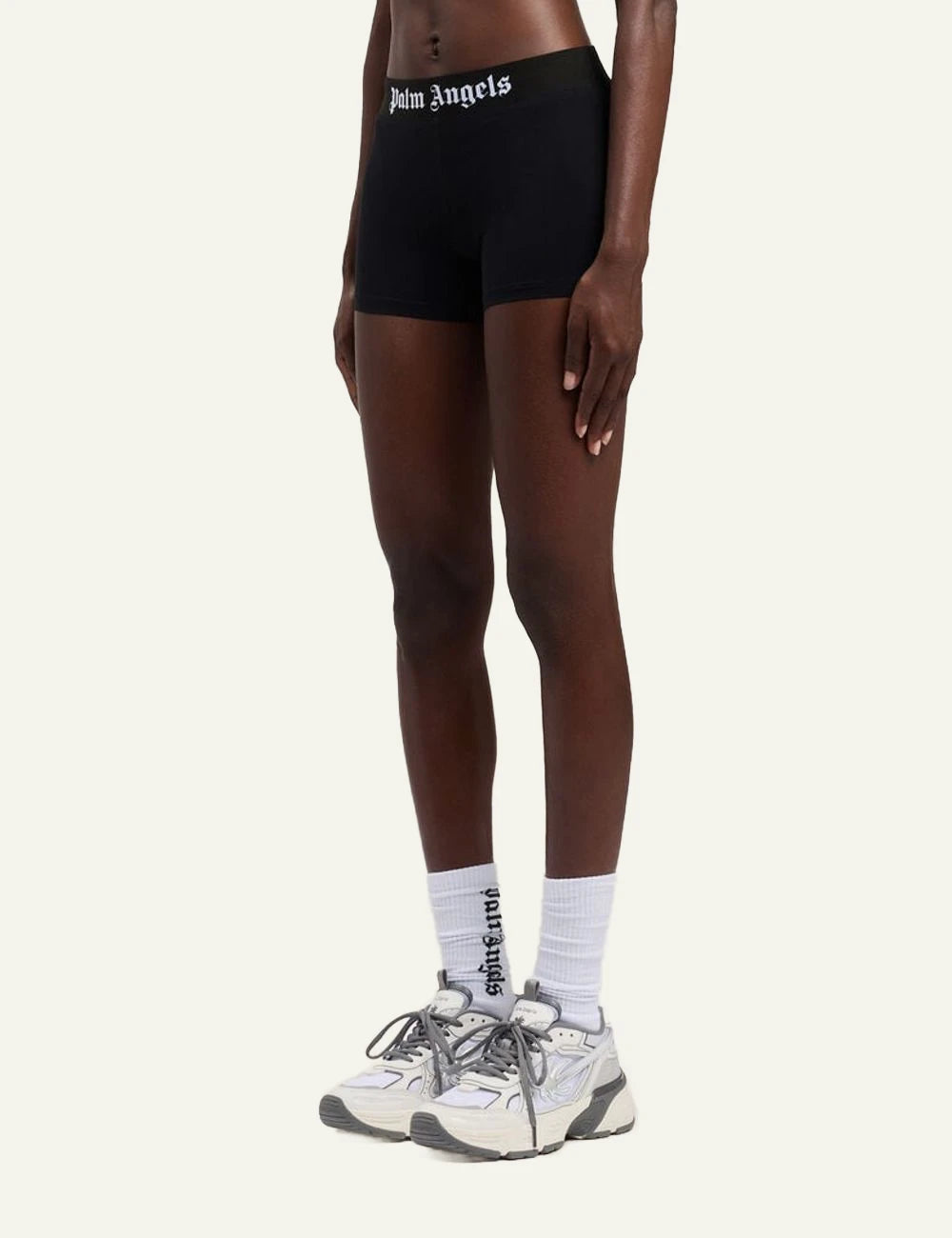 Palm Angels shorts black high rise elastic logo band side view