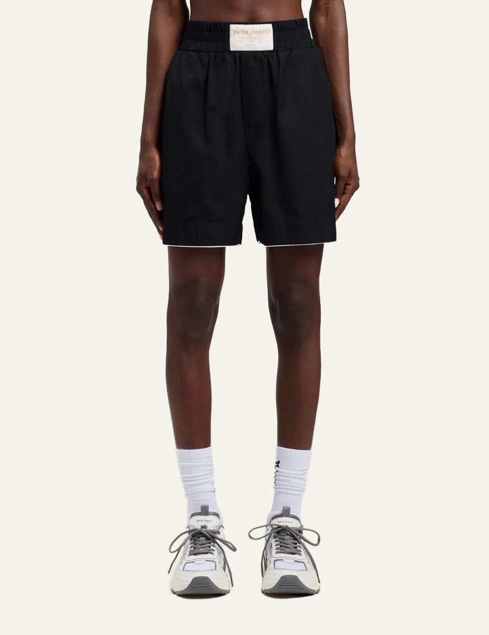 Palm Angels shorts black piping hem elastic waist front model view