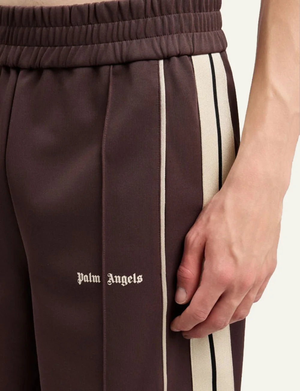 palm angels shorts brown stripe logo detail view