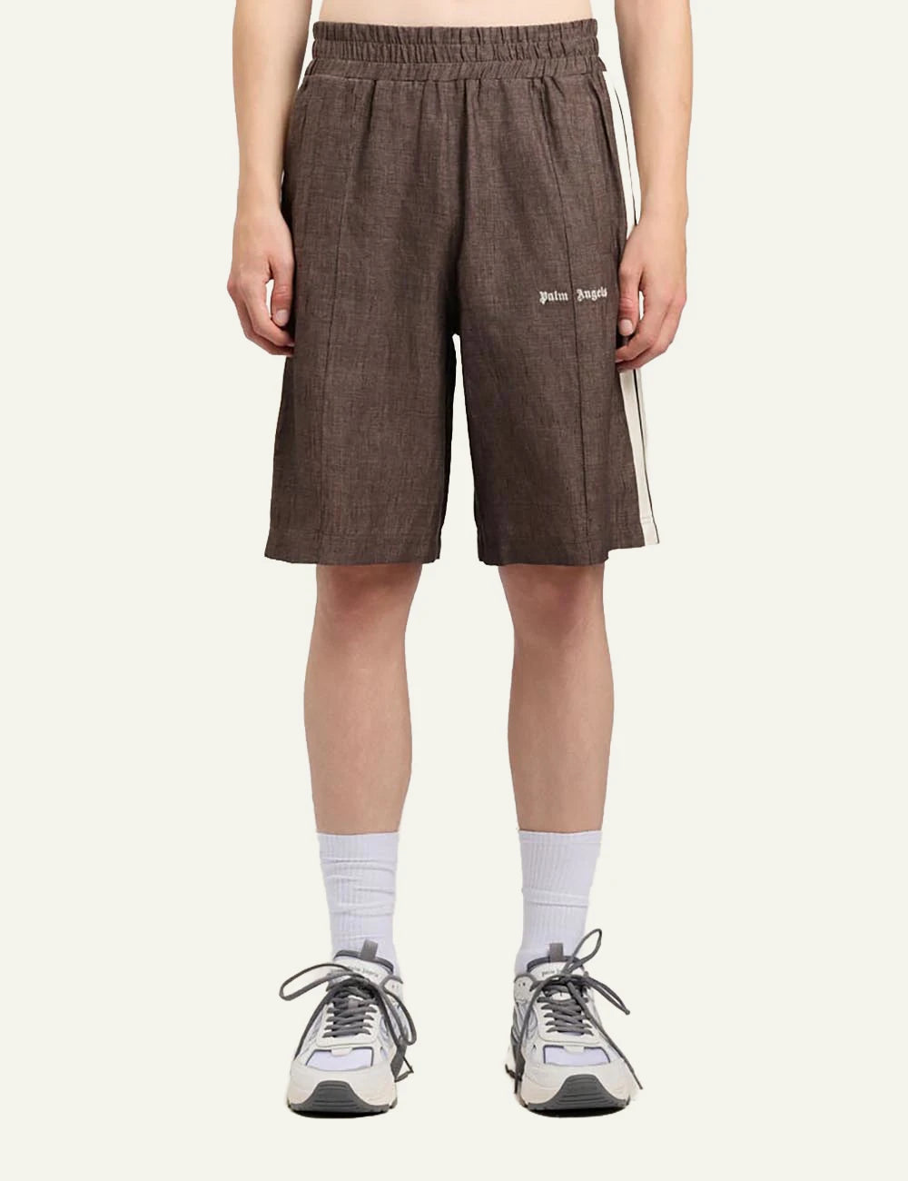 palm angels shorts brown stripe logo front model view