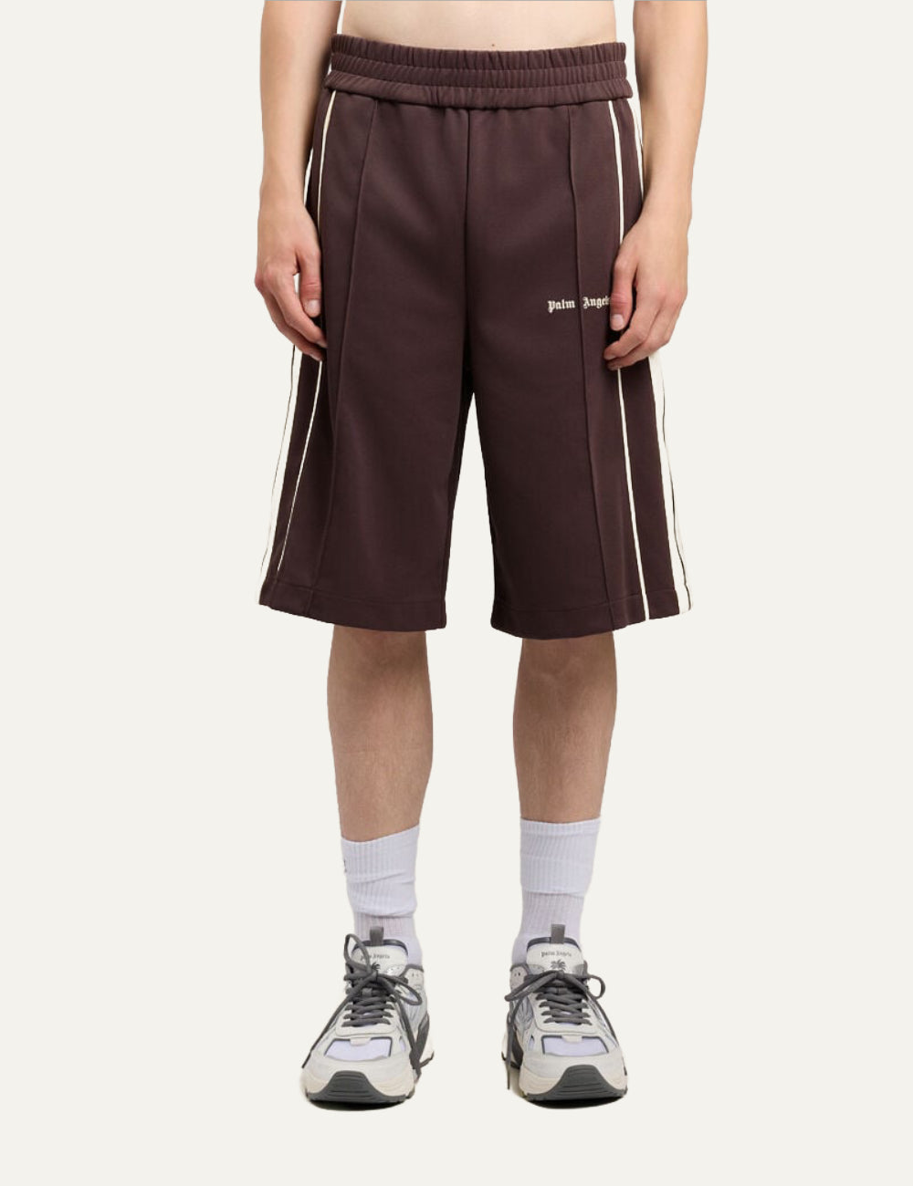 palm angels shorts brown stripe logo front model view
