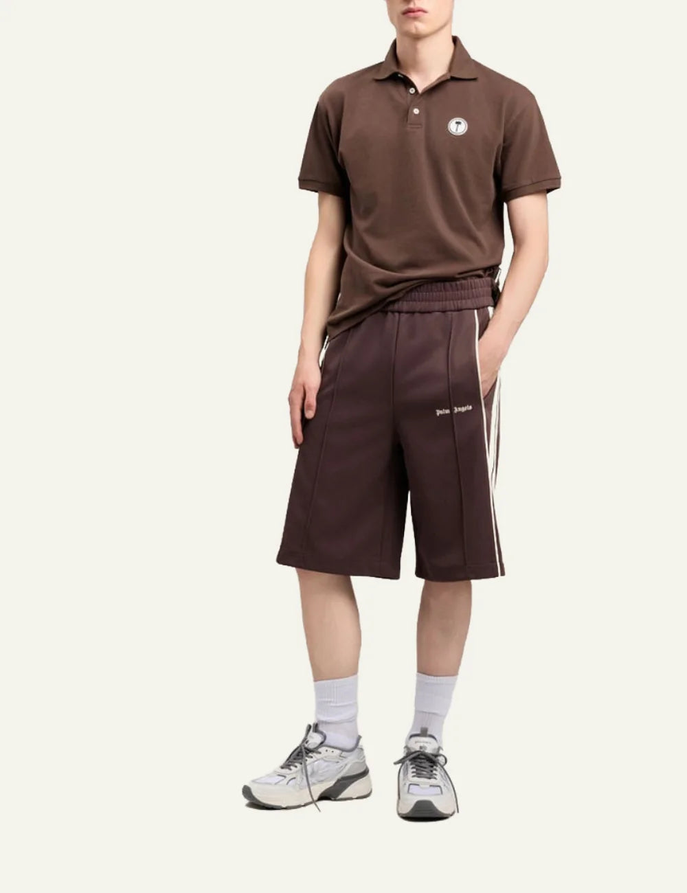 palm angels shorts brown stripe logo front full body view