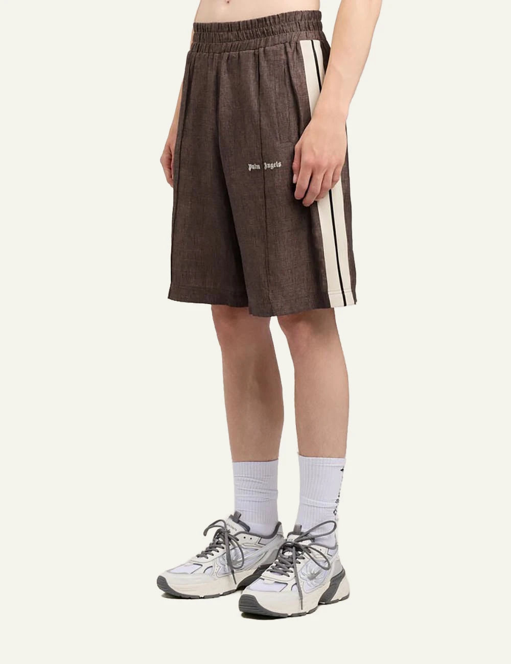 palm angels shorts brown stripe logo side view