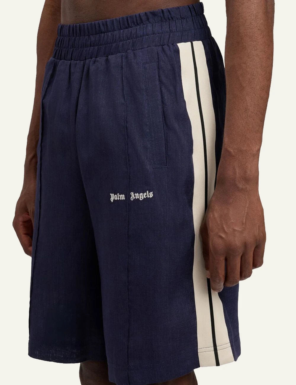 palm angels shorts navy stripe logo side detail view