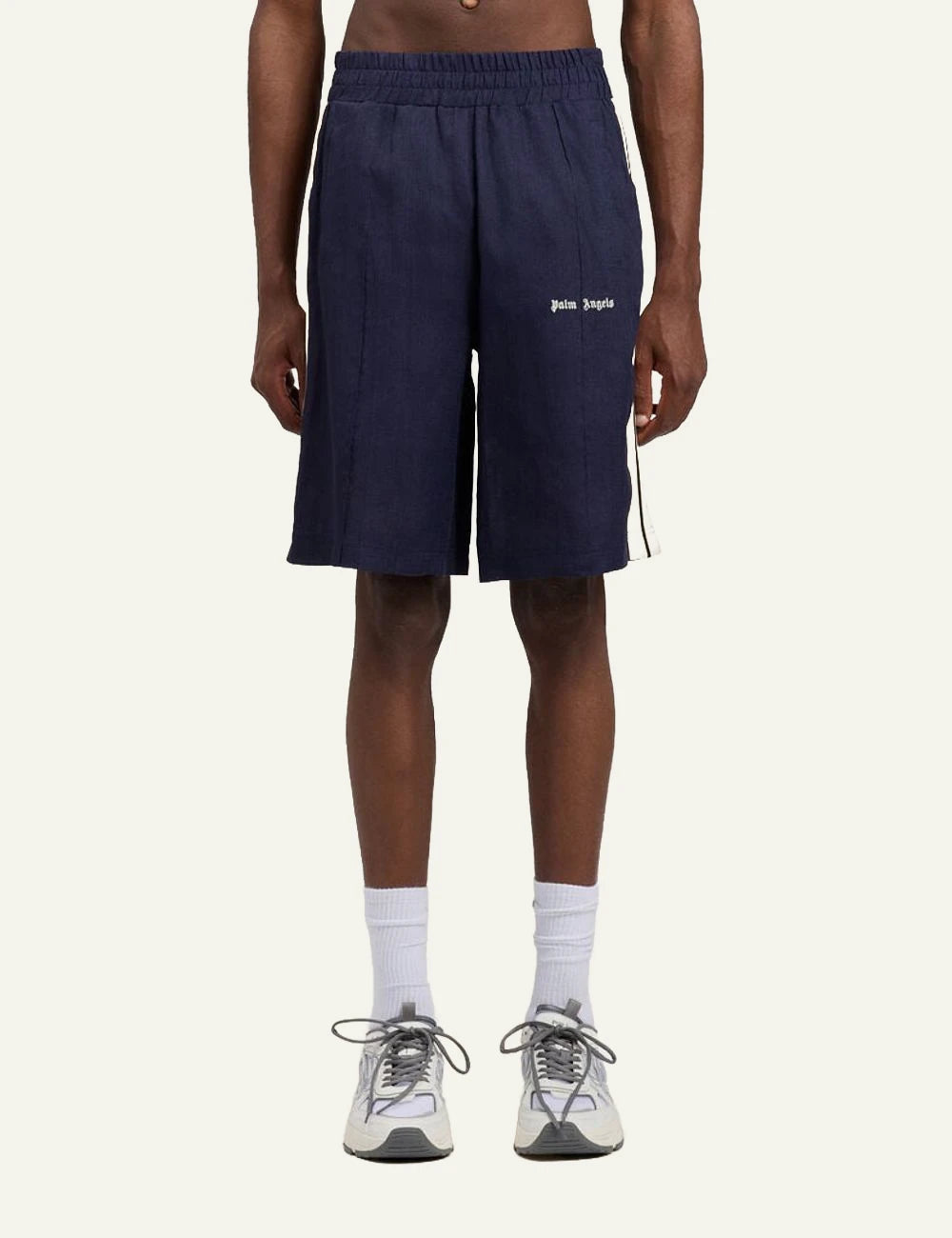 palm angels shorts navy stripe logo front model view
