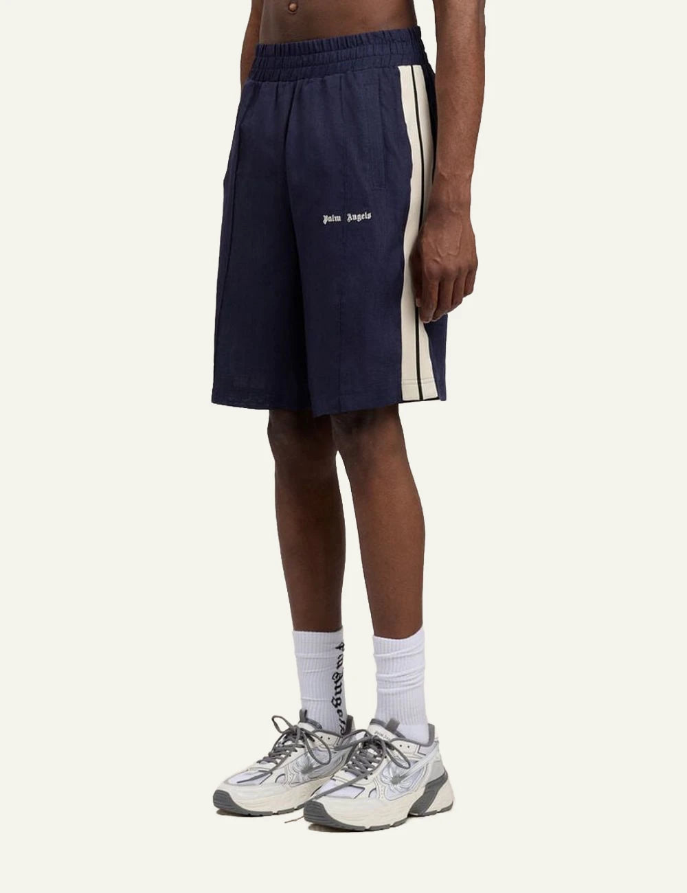 palm angels shorts navy stripe logo side view