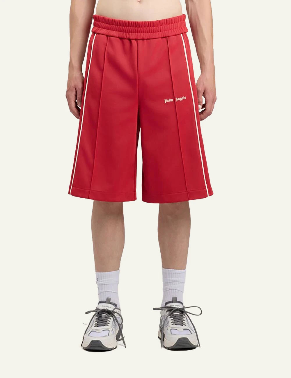 palm angels shorts red stripe logo front model view