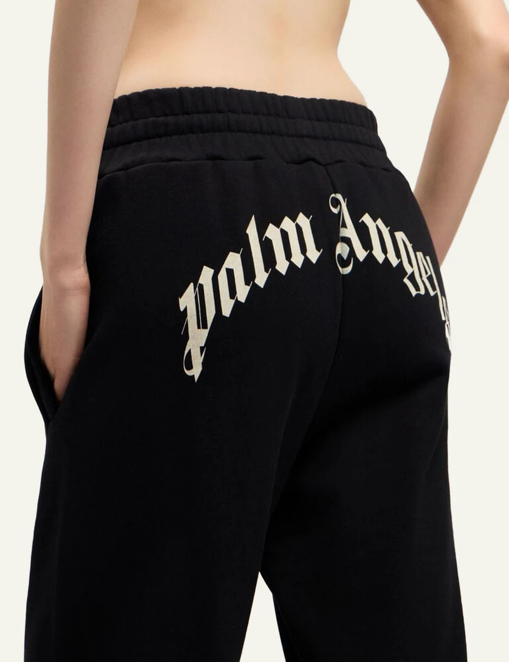 Palm Angels sweatpants black wide leg elastic waist drawstring back detail view