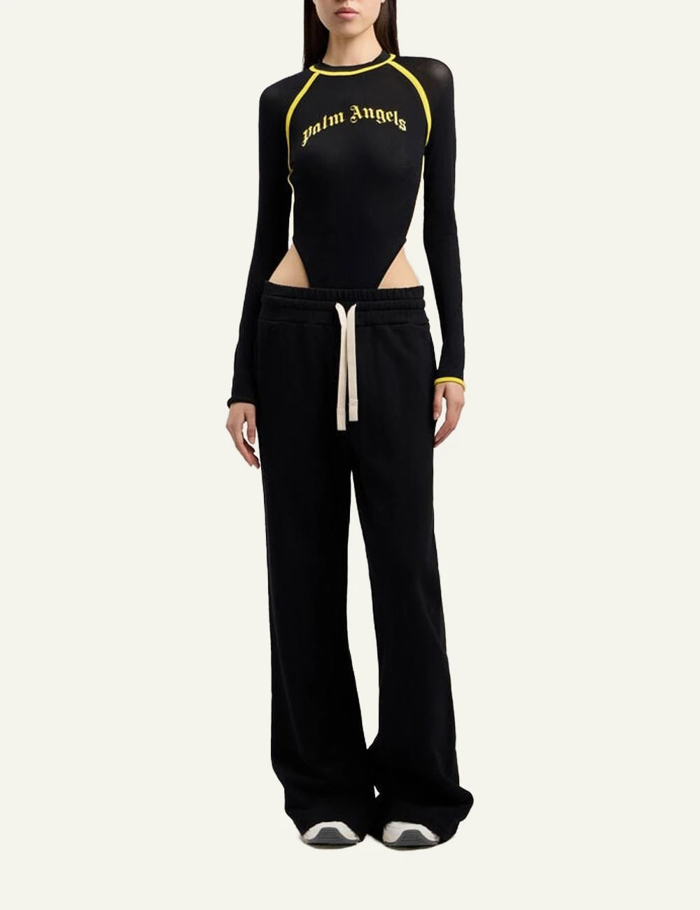 Palm Angels sweatpants black wide leg elastic waist drawstring front full body view