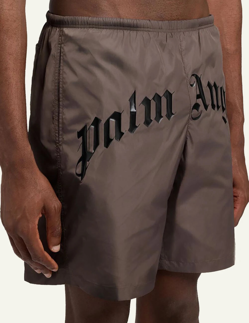 palm angels swim shorts brown big logo side detail view