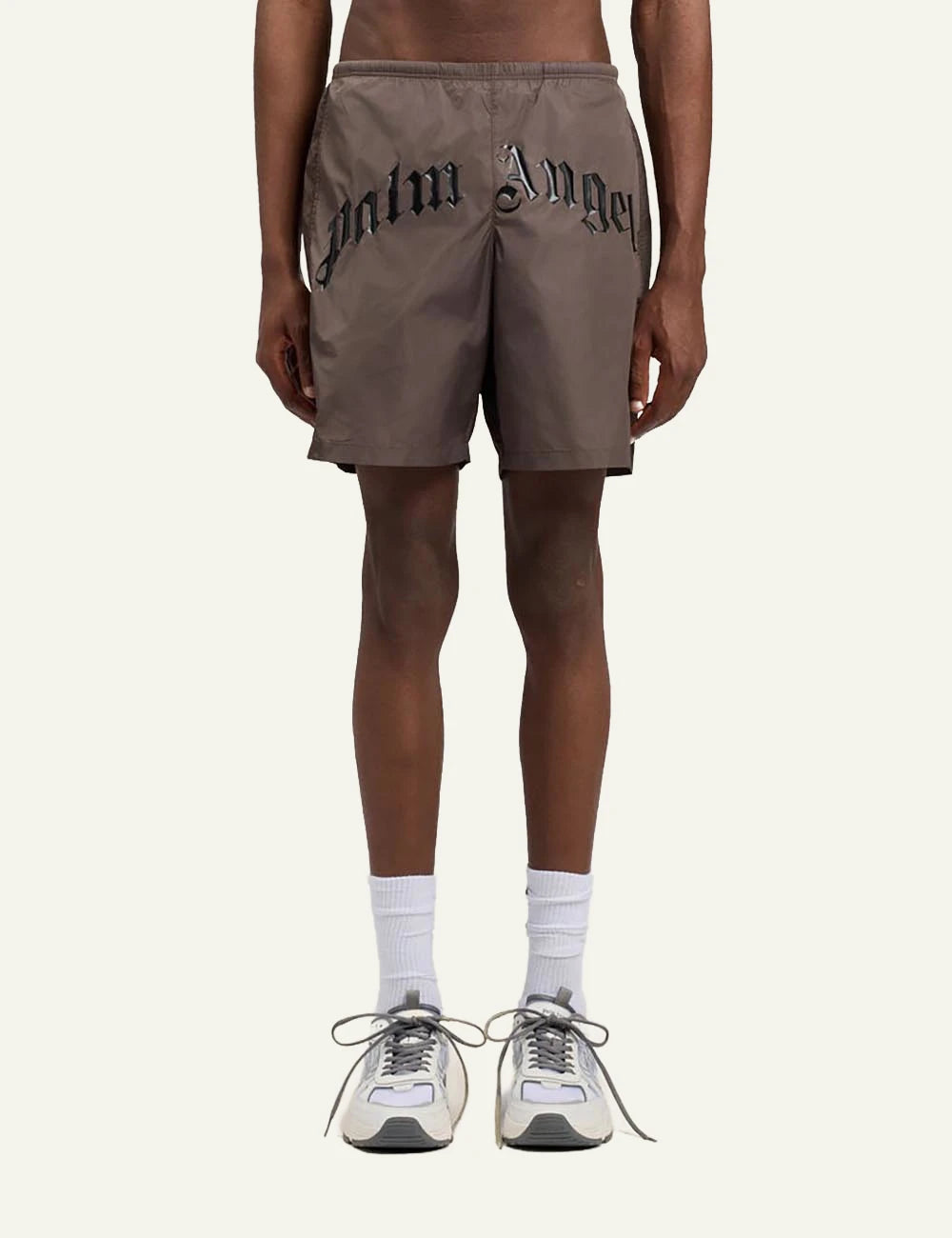palm angels swim shorts brown big logo front model view