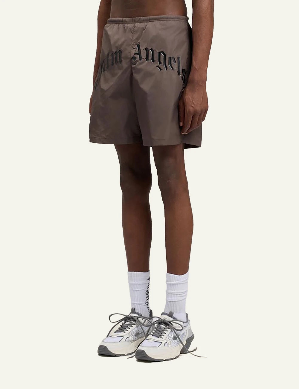 palm angels swim shorts brown big logo side view