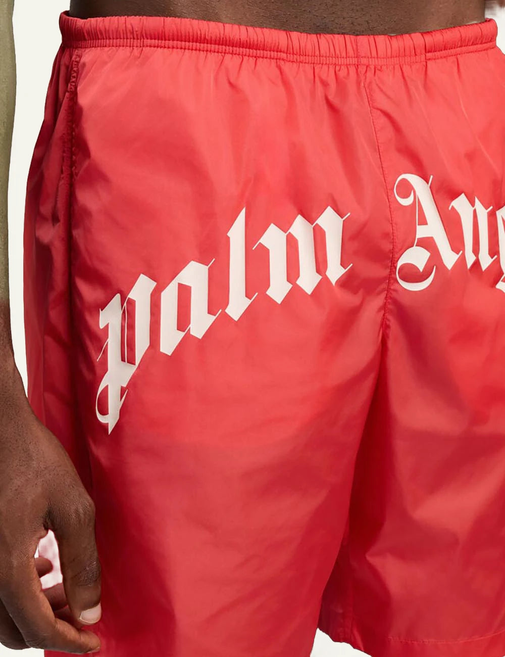 palm angels swim shorts red big logo front detail view