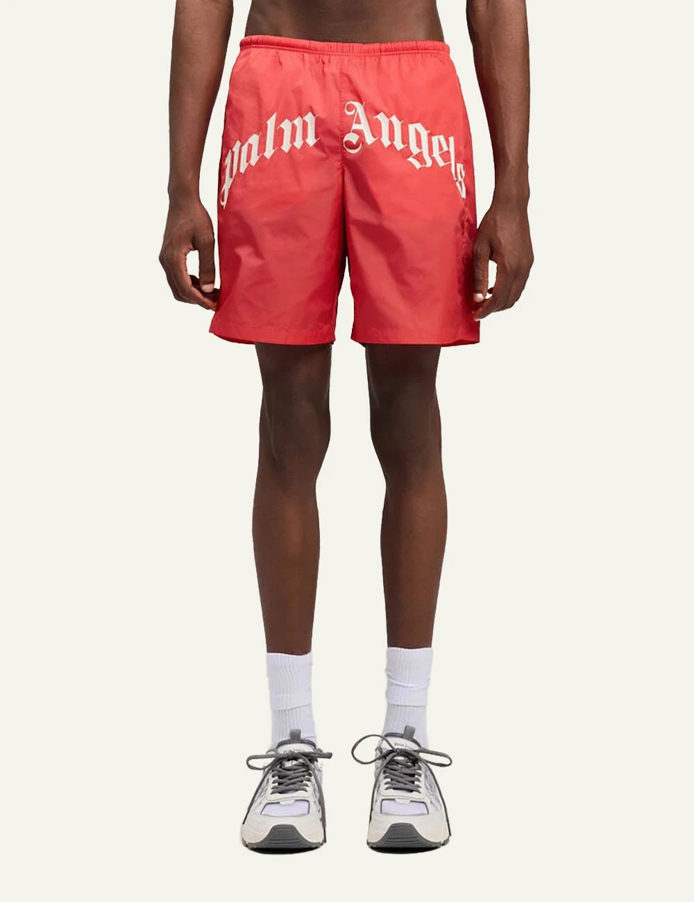 palm angels swim shorts red big logo front full body view