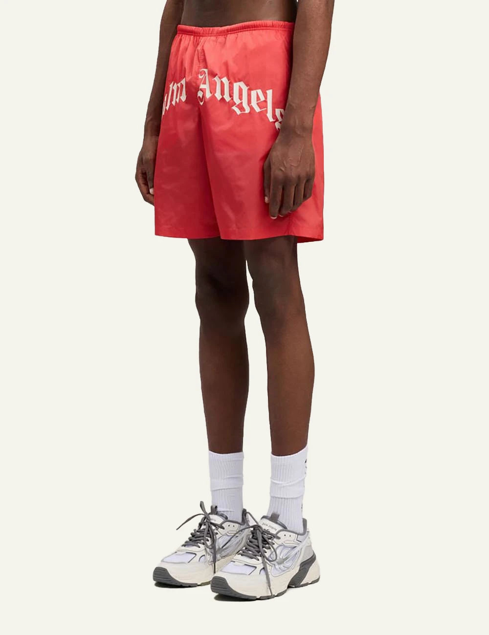 palm angels swim shorts red big logo side view