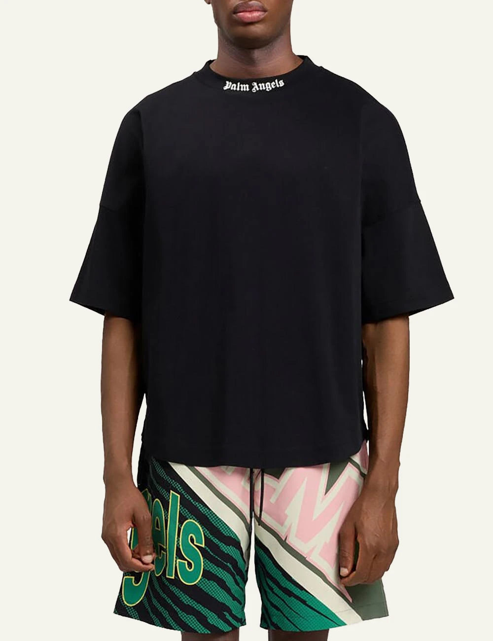 palm angels t shirt black logo collar front model view