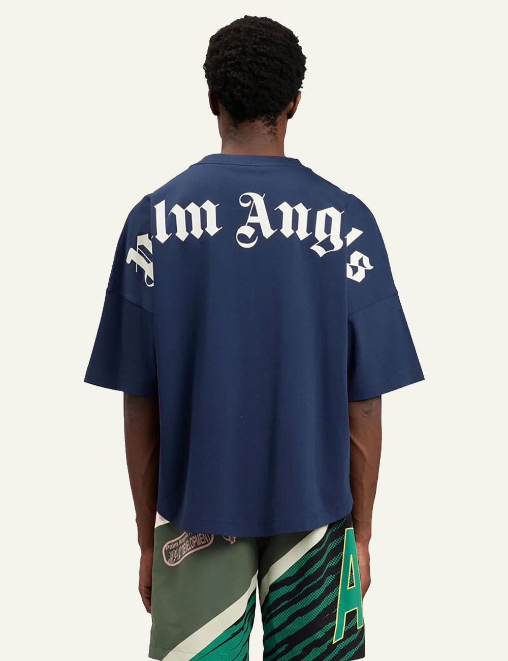 palm angels t shirt blue logo collar front  back view