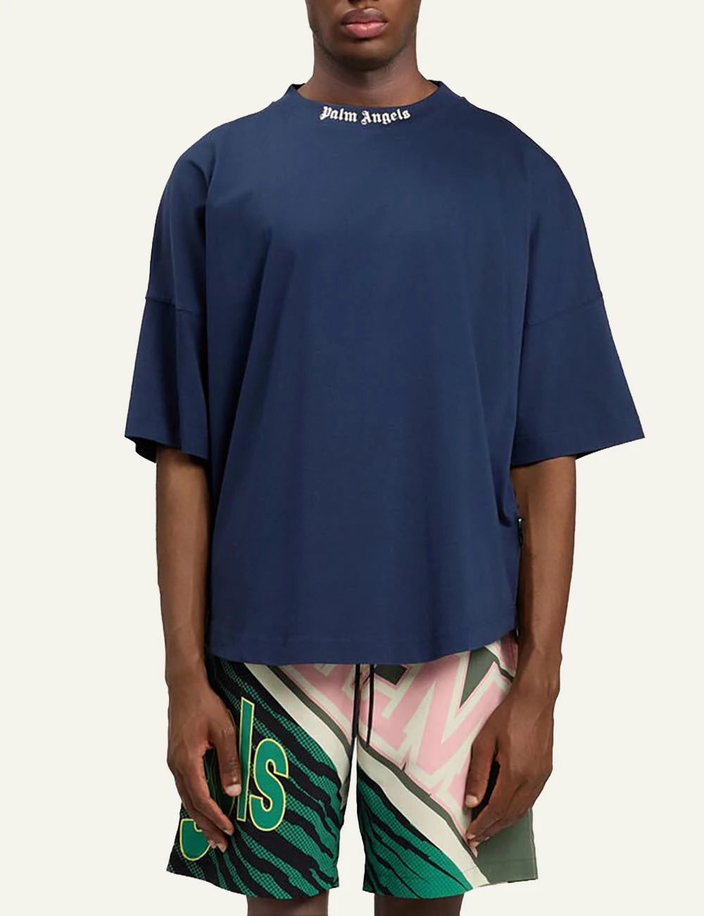 palm angels t shirt blue logo collar front  model view