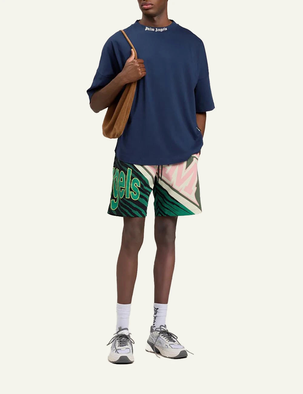 palm angels t shirt blue logo collar front full body view