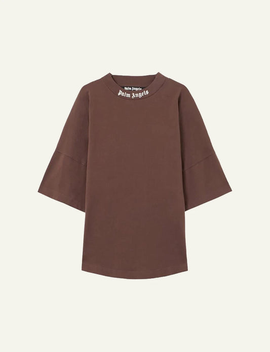 palm angels t shirt brown logo collar front flat view