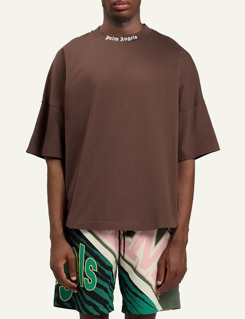 palm angels t shirt brown logo collar model view