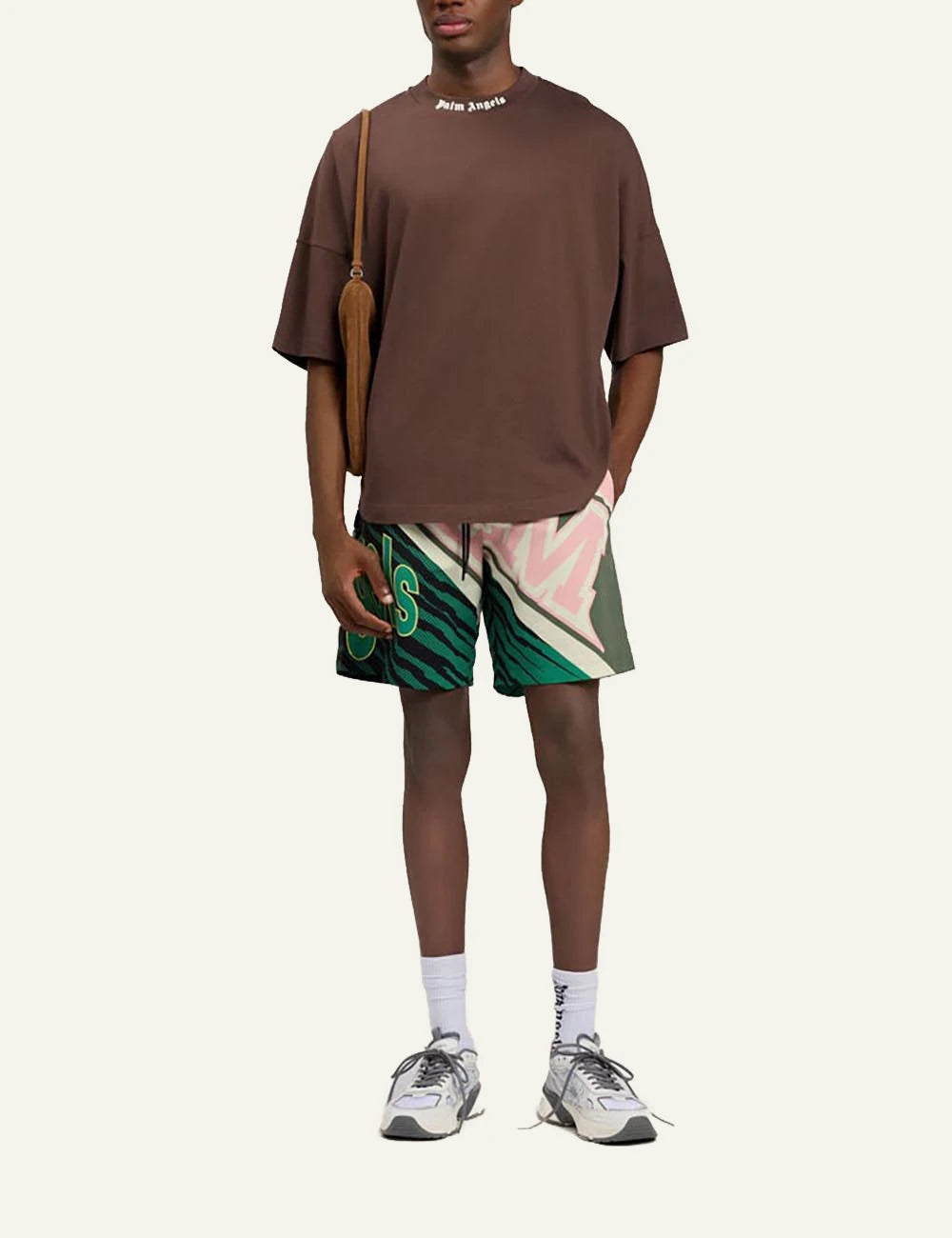 palm angels t shirt brown logo collar front full body view
