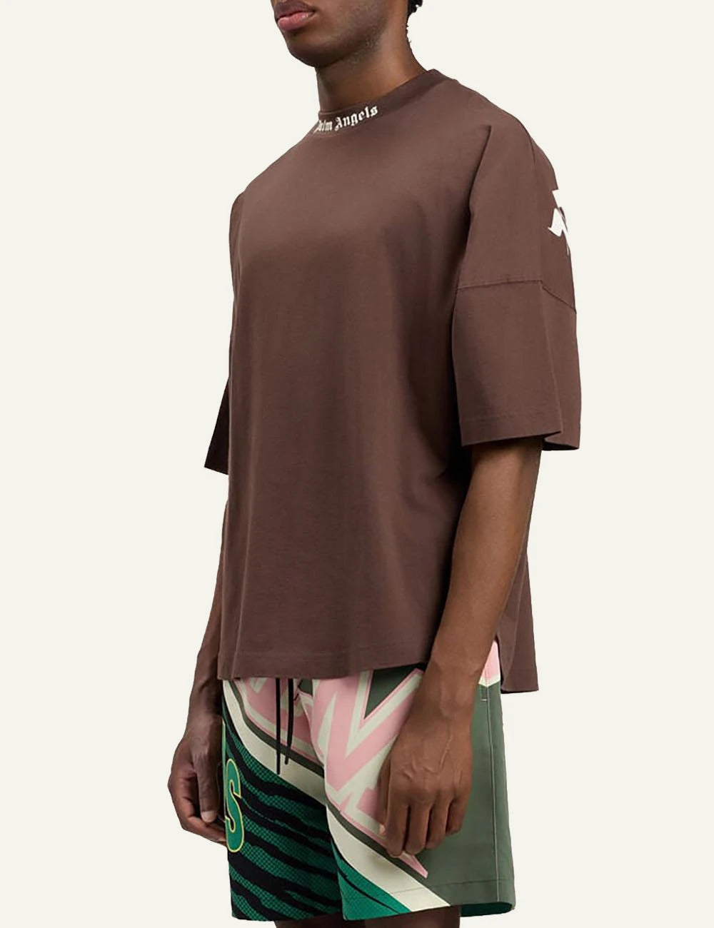 palm angels t shirt brown logo collar side view