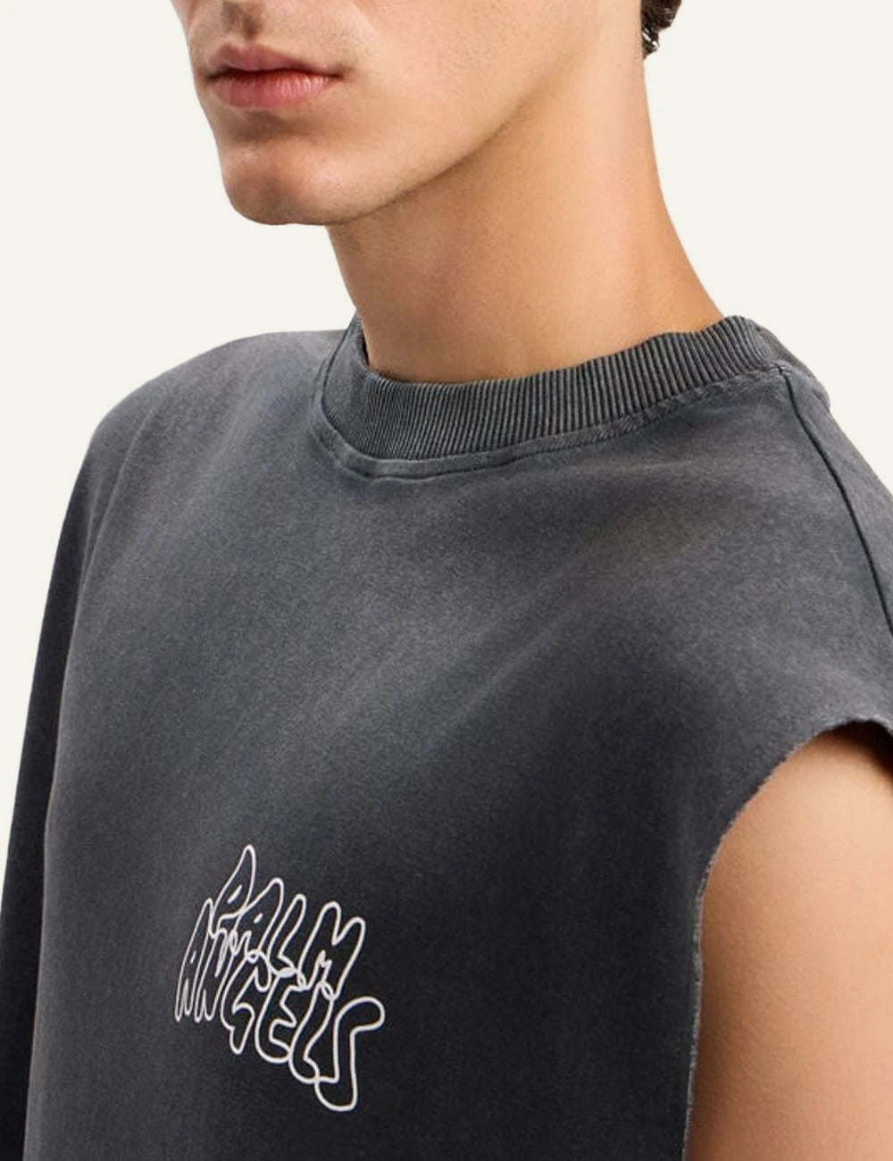 Palm Angels tank top grey sleeveless raw cut side detall view