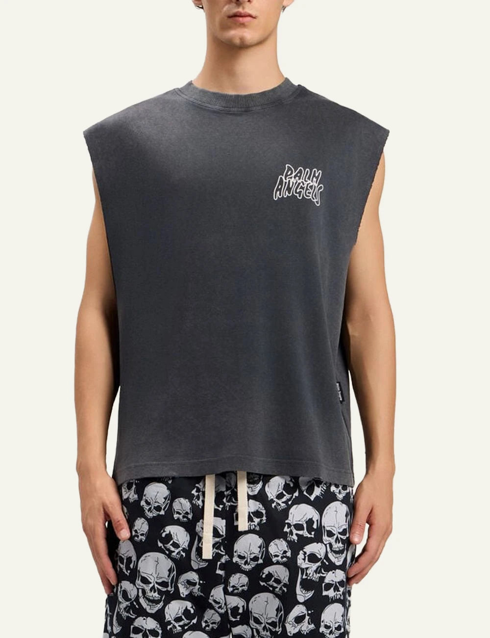 Palm Angels tank top grey sleeveless raw cut front model view