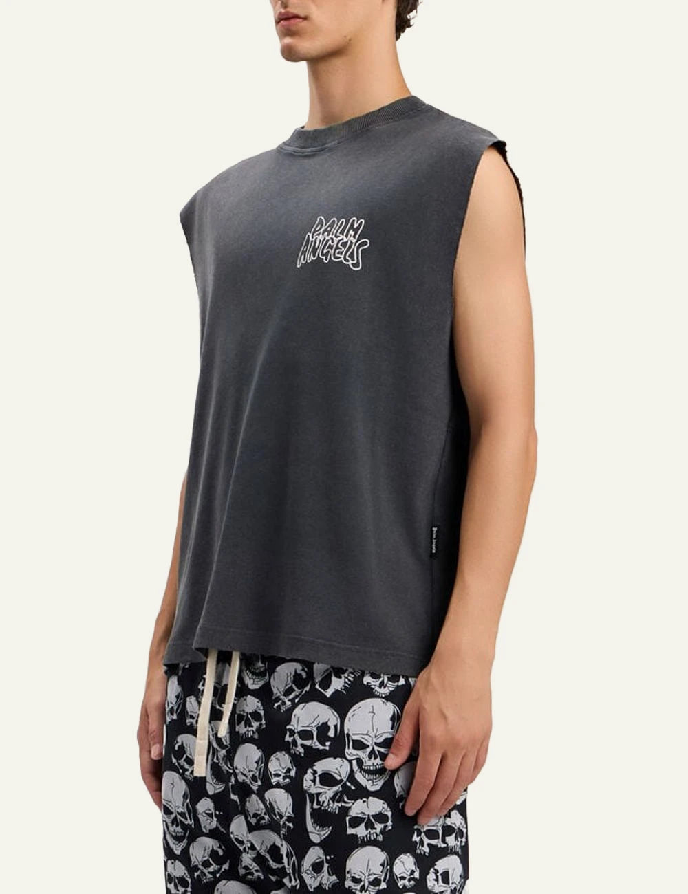 Palm Angels tank top grey sleeveless raw cut f model side view