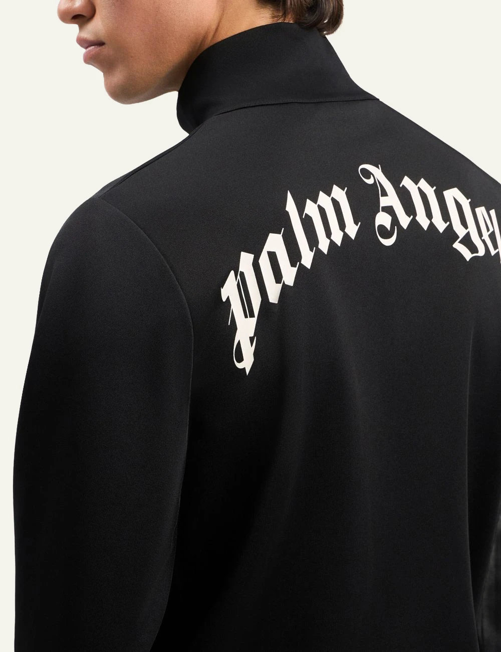 Palm Angels track jacket black zip-up high neck worn back detail model view
