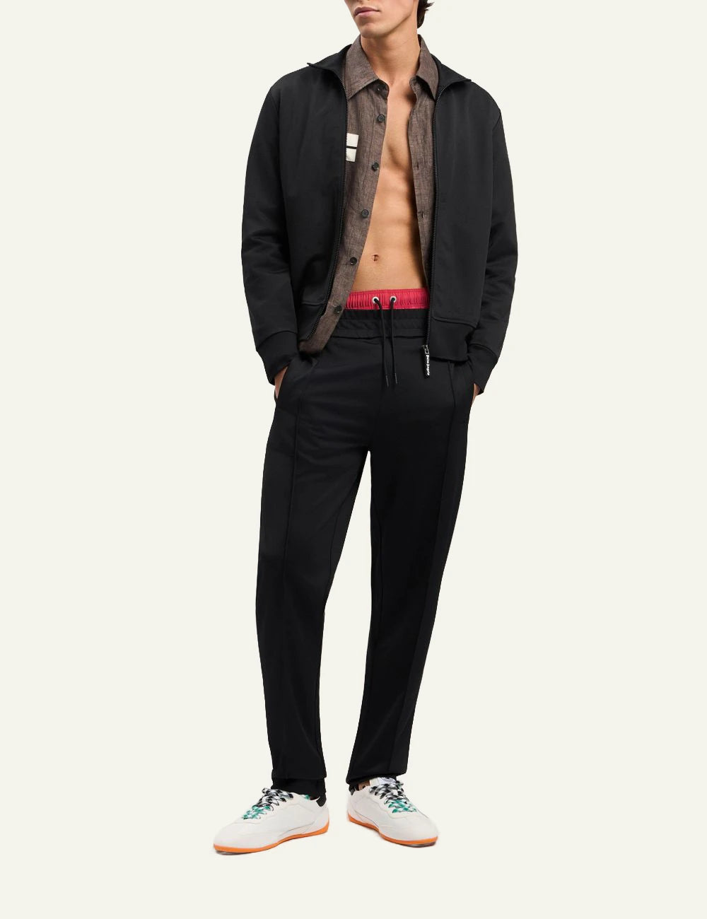 Palm Angels track jacket black zip-up high neck worn front full body model view