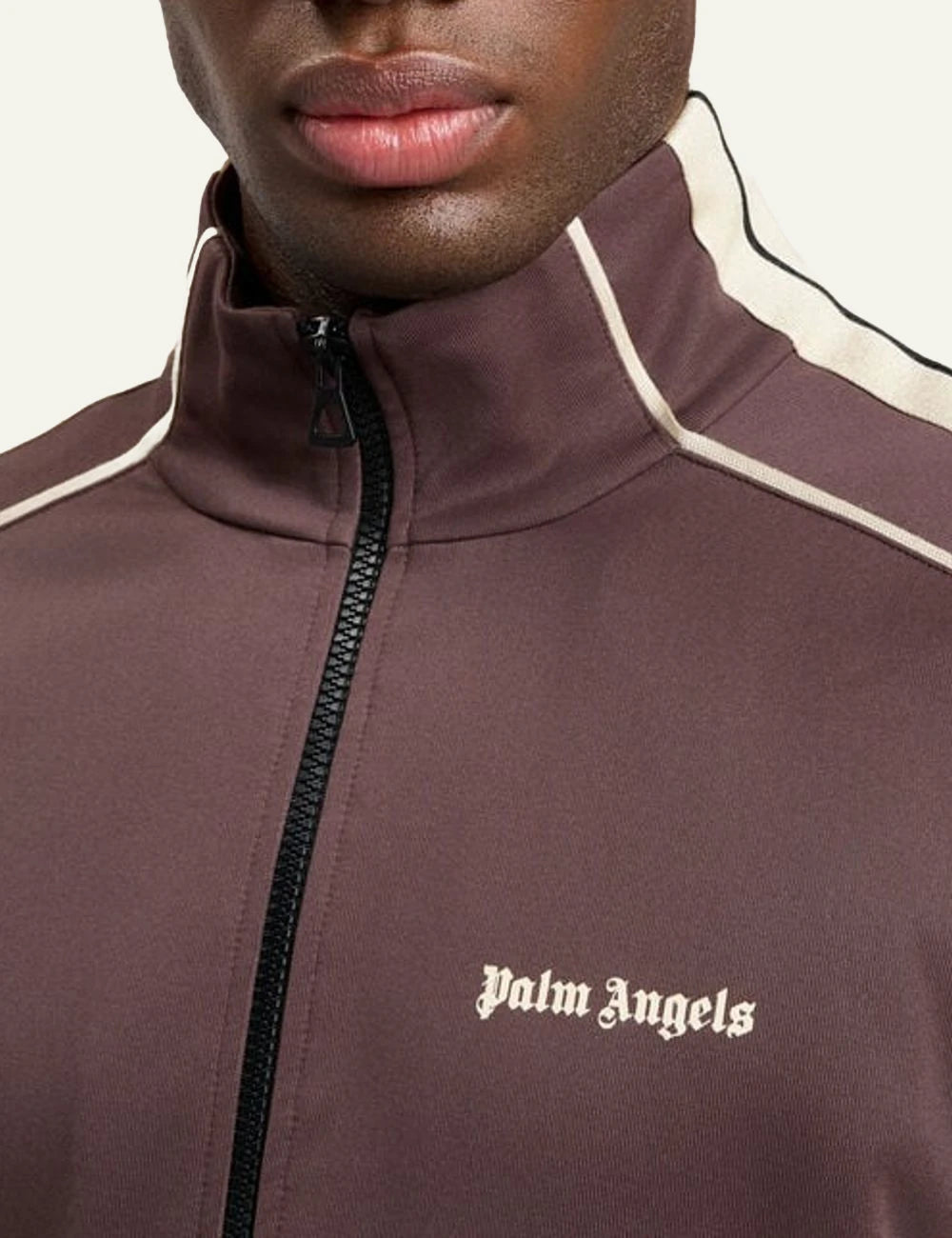 palm angels track jacket brown stripe logo front detail view