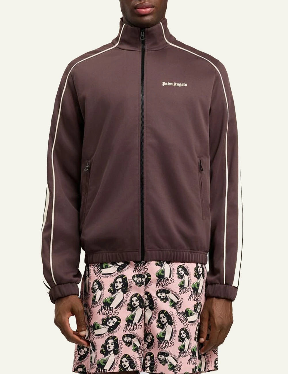 palm angels track jacket brown stripe logo front model view