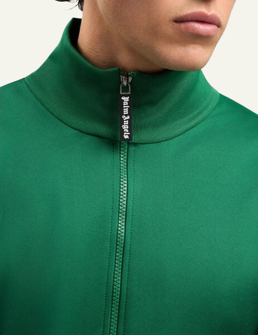 Palm Angels track jacket green zip-up high neck front detail view