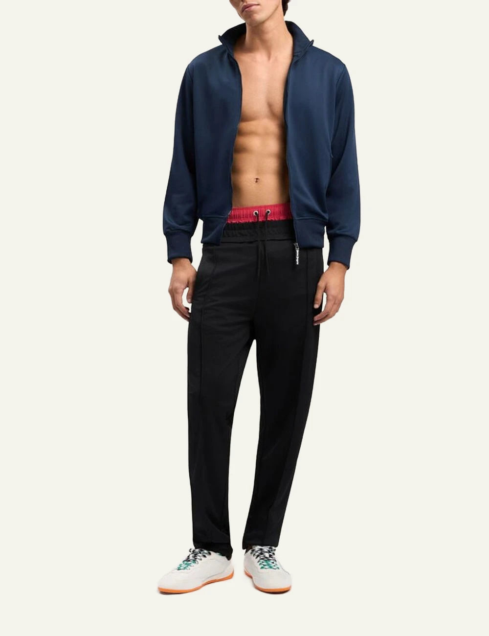 Palm Angels track jacket navy blue zip-up high neck front full body view