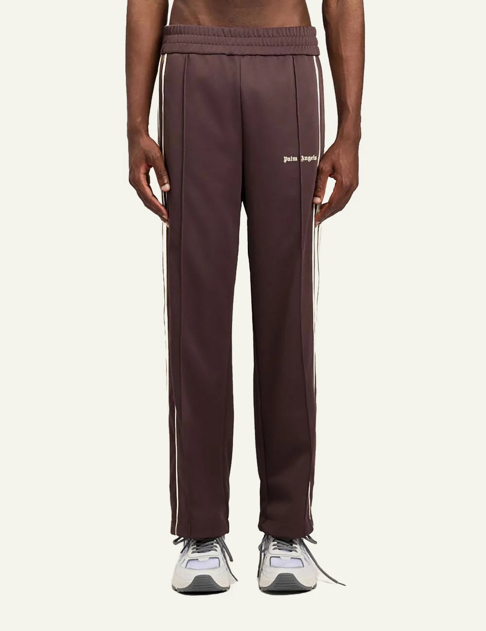 palm angels track pants brown stripe logo front model view