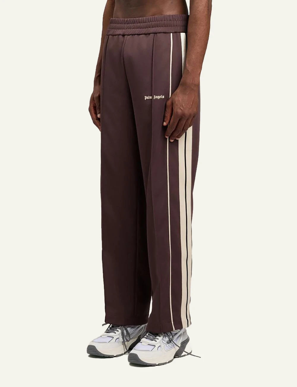 palm angels track pants brown stripe logo side view