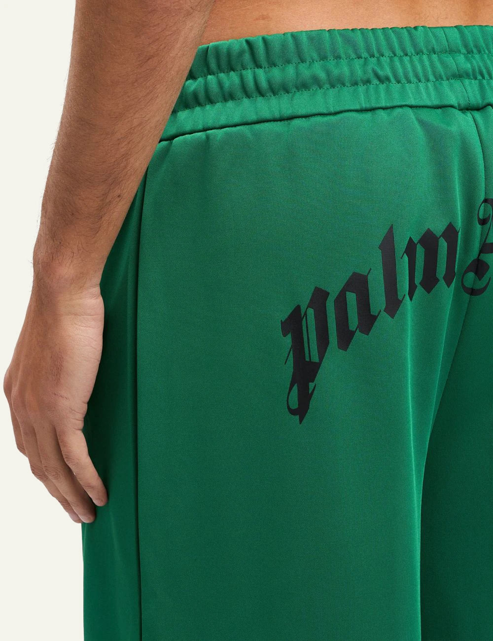 Palm Angels track shorts green elastic waist relaxed fit back detail view