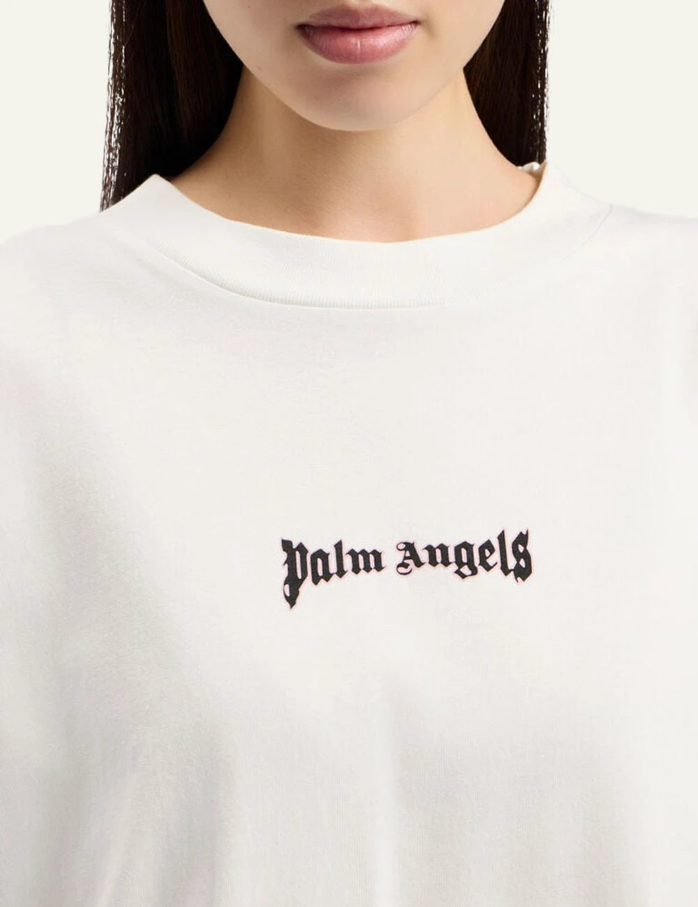 Palm Angels t-shirt off white oversized outline logo front detail view