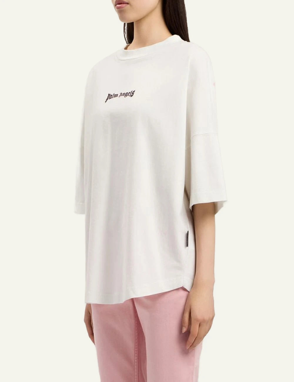 Palm Angels t-shirt off white oversized outline logo side flat view