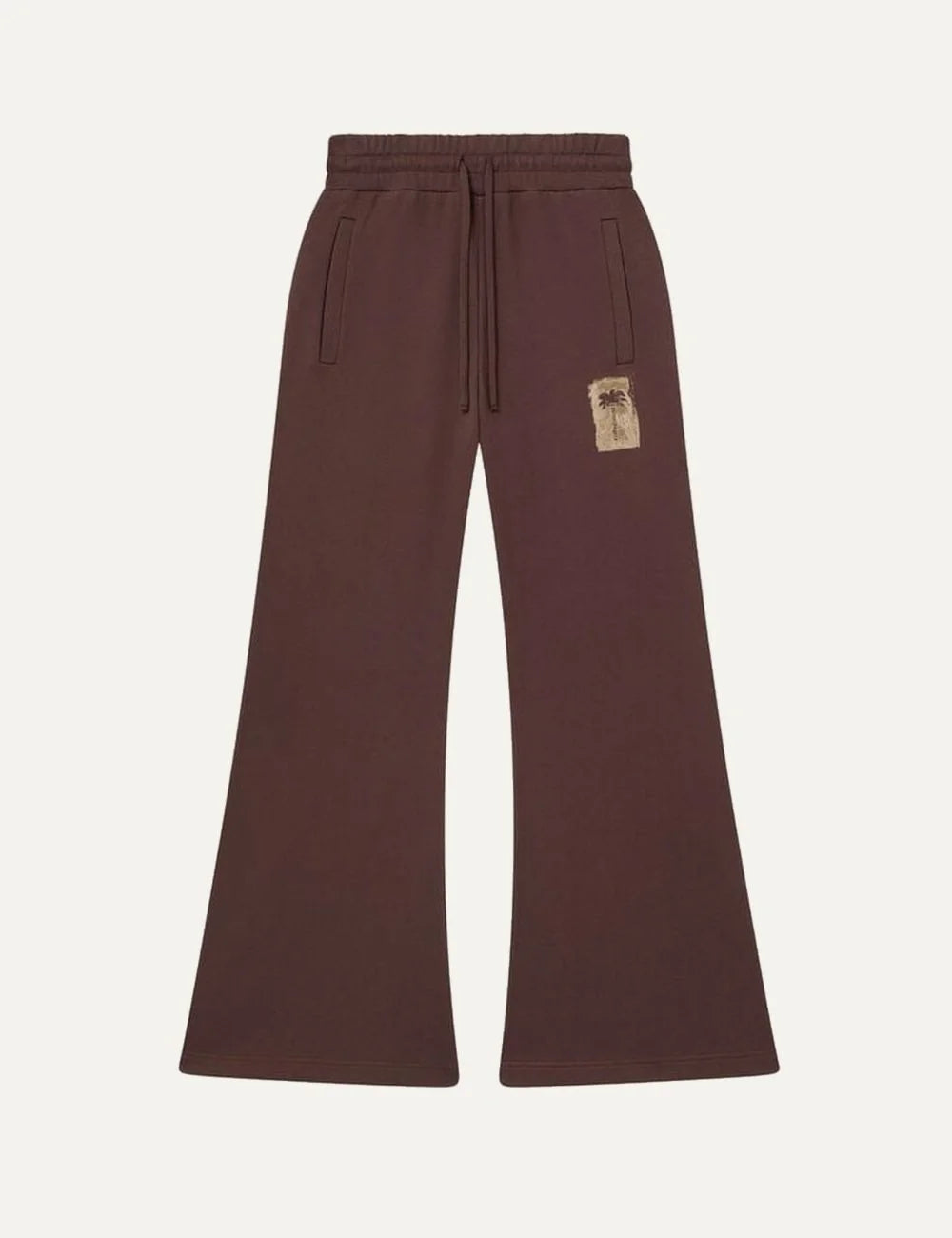 Women's Palm Angels brown cotton sweatpants with wide flared legs, drawstring waist and brushed palm tree logo print