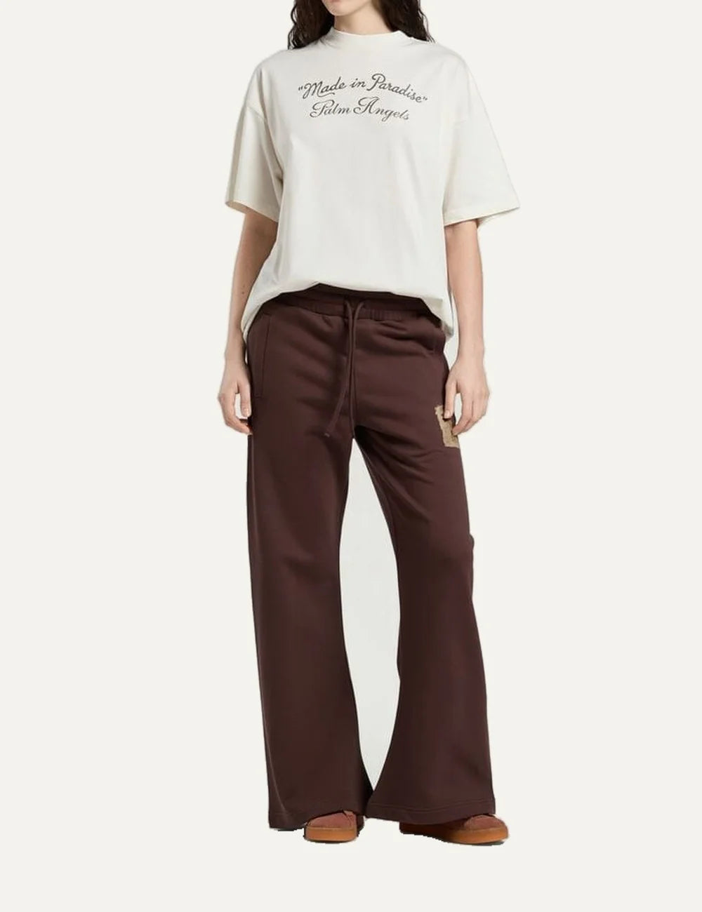 Women's Palm Angels brown cotton sweatpants with wide flared legs, drawstring waist and brushed palm tree logo print full body