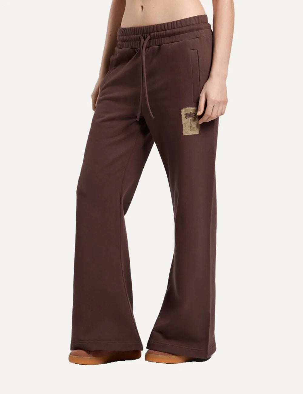 Women's Palm Angels brown cotton sweatpants with wide flared legs, drawstring waist and brushed palm tree logo print side