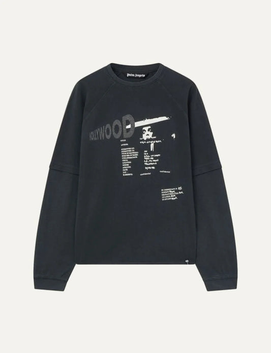 Women's Palm Angels charcoal cotton long sleeve top with double-layer sleeves, Hollywood graphic prints and loose fit