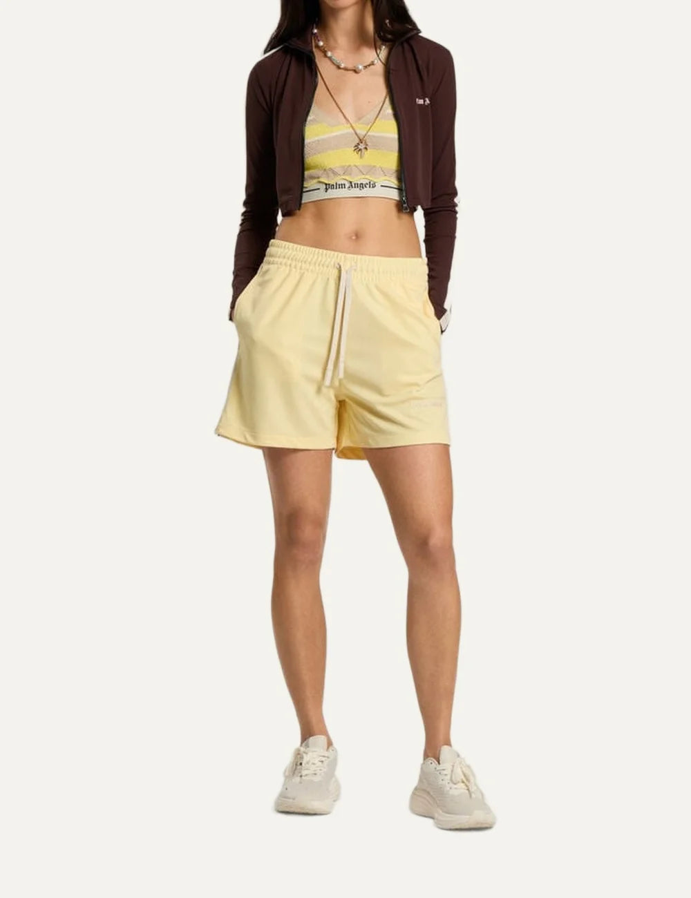 Palm Angels women's dark brown cropped track jacket with cream sleeve stripes, high stand collar, two-way front zipper and logo on the chest full body