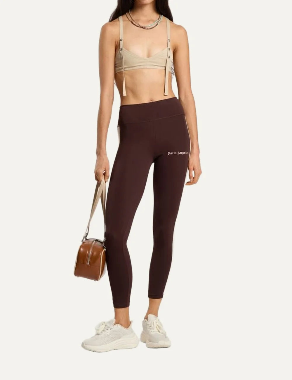 Palm Angels women's dark brown high-waisted leggings with cream side stripes, a wide waistband and white gothic logo on the front thigh full body