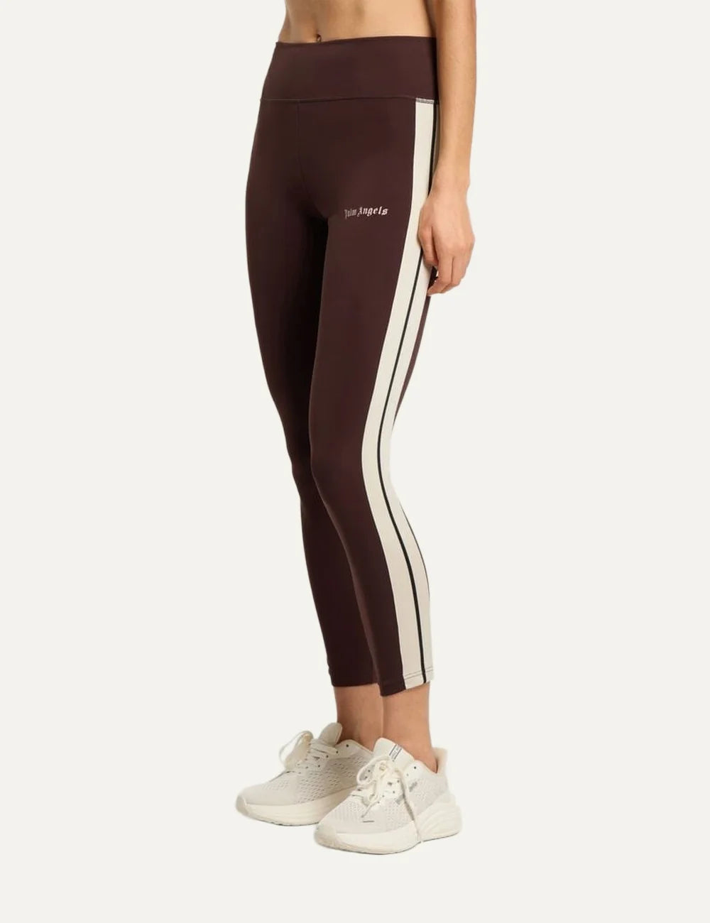 Palm Angels women's dark brown high-waisted leggings with cream side stripes, a wide waistband and white gothic logo on the front thigh side