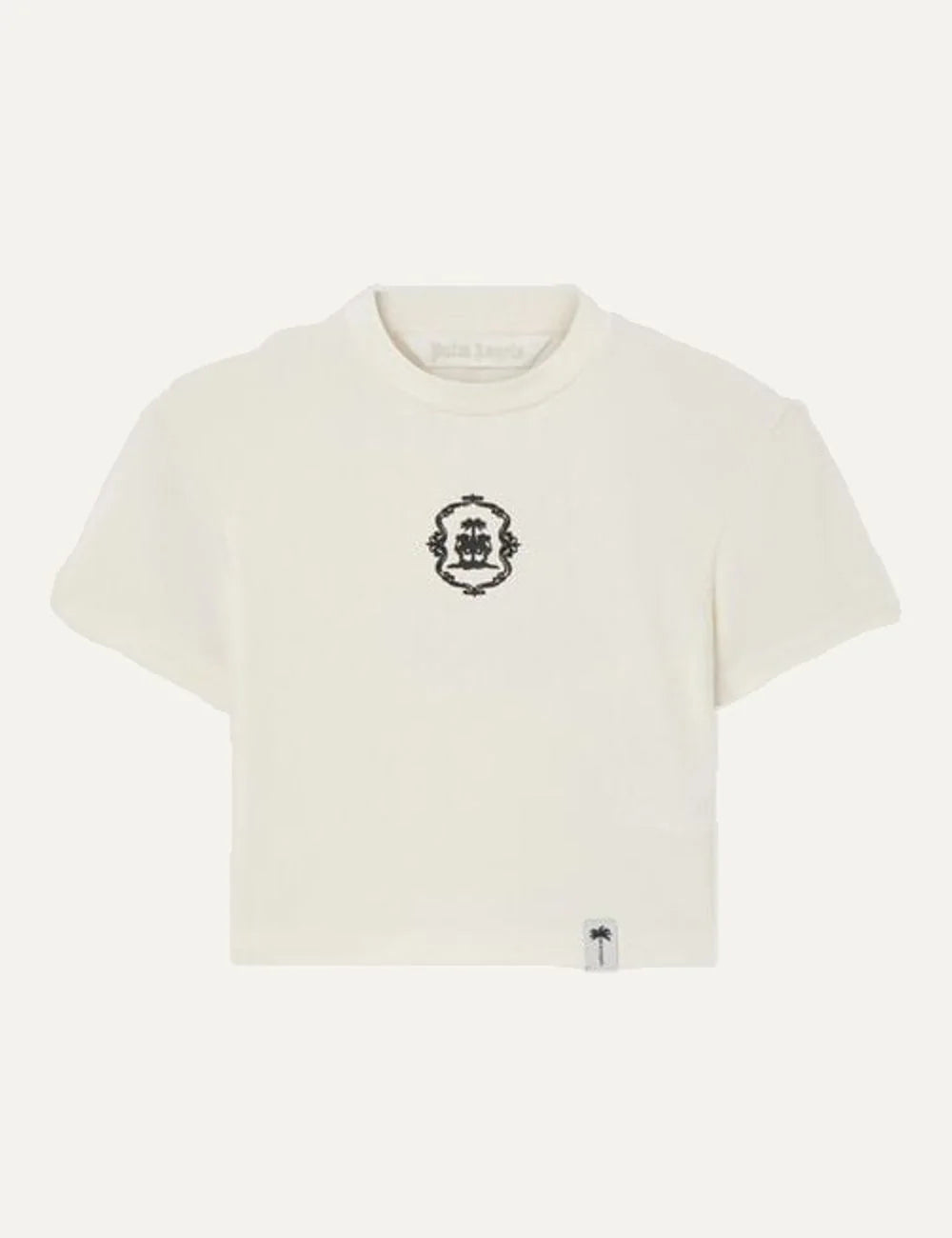 Women's Palm Angels ecru cropped fitted T-shirt in cotton modal blend with heraldic lion graphic and ribbed crew neck